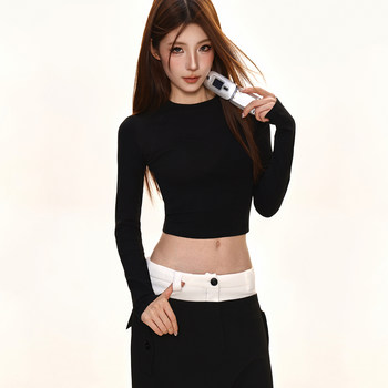 Pure Desire Hot Girl Round Neck Long Sleeve T-Shirt for Women, Early Autumn Korean Style, Waist-Cinching, Slimming, Inner Layering Top, Cropped Top