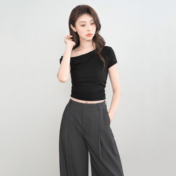 Hot Girl Sexy Short-Sleeved Off-Shoulder Twist T-Shirt Women's Summer Design Asymmetrical Slimming Look Slanted Shoulder Short Top