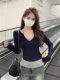 Super Stylish Color-Blocked Fake Two-Piece V-Neck Top for Women, Autumn American Retro Style, Slim-Fit Long-Sleeve T-Shirt
