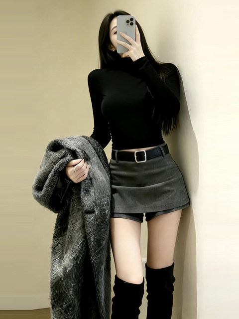 Pure Desire Style Black Long Sleeve T-Shirt for Women, Spring/Autumn/Winter 2026 New Model, Half-High Collar Slim Fit Base Layer Top