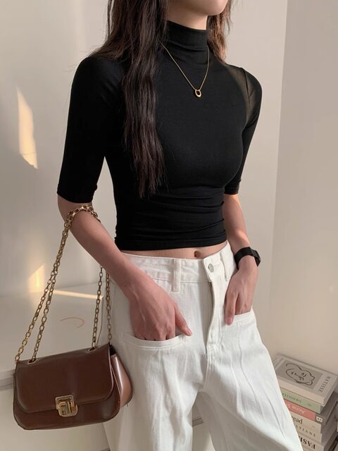 American Style Spicy Girl Half-High Collar Mid-Sleeve Tight-Fitting T-Shirt for Women, Summer 2025 New Slim-Fit Flattering Five-Quarter Sleeve Top