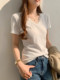European White Lace V Neck Right Shoulder Short-Sleeved T-Shirt for Women Summer New Korean Style Unique Cut Out Pattern Top