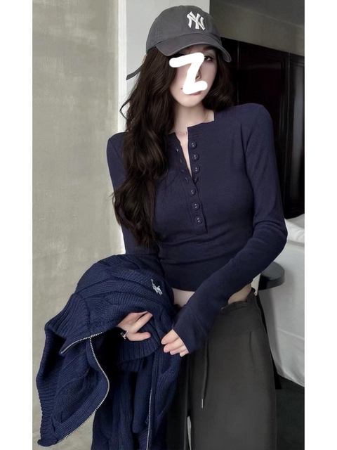 American-Style Spicy Girl Single-Breasted Long-Sleeve T-Shirt for Women, Early Autumn, Slim Fit, Inner Layer, Unique Shoulder Design Top