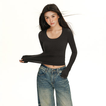 Women's U-Neck Long-Sleeve Base Shirt, New Autumn and Winter Style, Low-Neck, Clavicle-Exposing, Slim-Fit, Figure-Flattering Inner T-Shirt Top, Trendy