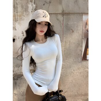 White Long-Sleeve T-Shirt for Women, Autumn/Winter 2025 New Style, Round Neck Base Layer, Slim Fit, Regular Shoulder, Spicy Girl Fishbone Top