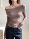 One-Shoulder, Draped Collar, Long-Sleeve T-Shirt for Women, 2025 Autumn/Winter Collection, Unique Design with Pleated Waist, Elegant Off-Shoulder Top