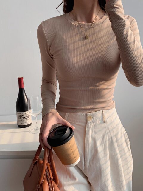 2025 Autumn/Winter Long Sleeve Regular Shoulder High Waist Tight Base Shirt Basic Short Top Slim Fit T-Shirt for Women