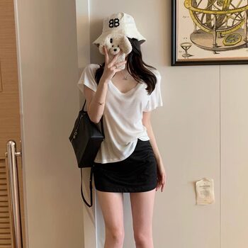 Super Stylish Regular Shoulder Simple Pure Desire U-Neck T-Shirt for Women, Summer 2025 Hot Style, Loose Fit, Basic Versatile Short-Sleeve Top