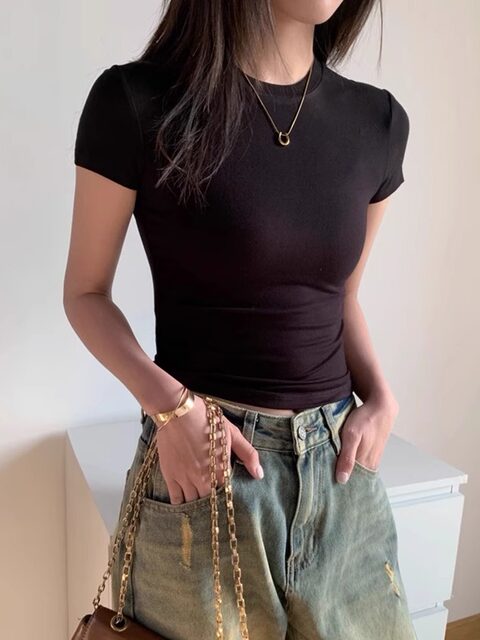 Body-Shaping, Straight-Shoulder, Round-Neck, Short-Sleeved T-Shirt for Women, Perfect for Summer, Tight-Fitting, Slimming, Elastic Waist-Cinching Top