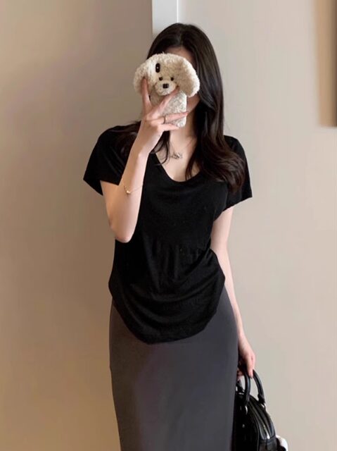 Super Stylish Regular Shoulder Simple Pure Desire U-Neck T-Shirt for Women, Summer 2025 Hot Style, Loose Fit, Basic Versatile Short-Sleeve Top