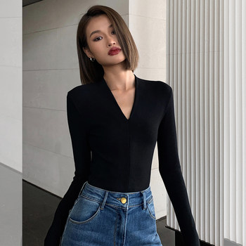 Black V-Neck Long-Sleeve T-Shirt for Women, Early Autumn New Style, High-End Versatile Basic Slim-Fit Inner Layer Top, Trendy