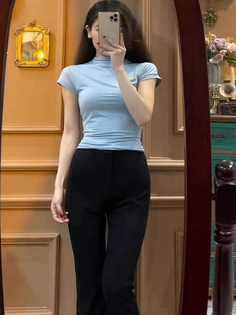 Pure Desire Half-High Collar Tight-Fitting Short-Sleeve T-Shirt for Women, Summer 2025 New Style, Slimming and Flattering Knit Top