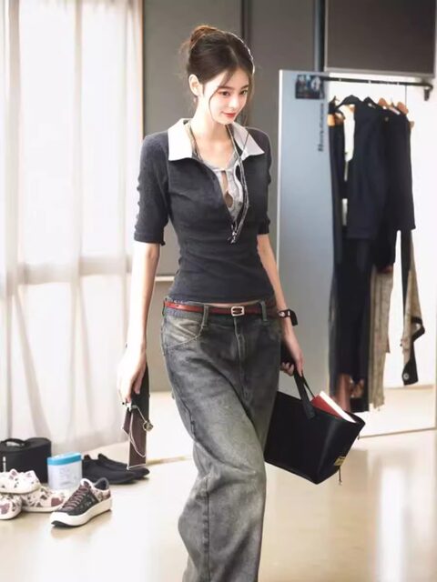 Fake Two-Piece Polo Collar Short-Sleeved T-Shirt for Women, New Summer Style, American Retro Lace Color-Blocking Slim-Fit Half-Sleeve Top