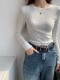 Spring, Autumn, and Winter Ribbed Slim-Fit Long-Sleeve T-Shirt with Regular Shoulders, Brushed Tight-Fitting Base Shirt, Basic Short Top for Women
