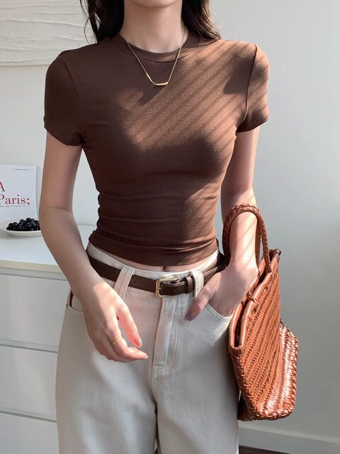Unique and Beautiful Tight-Fitting Round-Neck Short-Sleeved T-Shirt for Women, Summer 2025 New Style, Slim-Fitting High-Waisted Short Top for Hot Girls