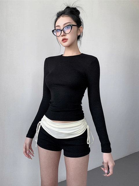 Solid Color Round Neck Long-Sleeve Base Shirt for Women, New Autumn and Winter Style, Brushed Thin Velvet, Warm, Slim-Fitting, Slimming T-Shirt Top