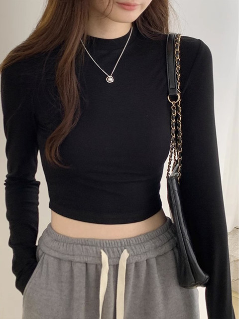 Solid Color Hot Girl Long-Sleeve T-Shirt for Women, 2025 Spring and Autumn Style, Slim Fit, Short, Cropped, for Petite Figures, Base Layer Top