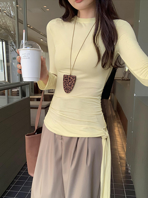 Mid-Length Long-Sleeved Pleated Lace-Up T-Shirt for Women, Spring and Summer, Unique Design, Waist-Cinching Base Shirt Top