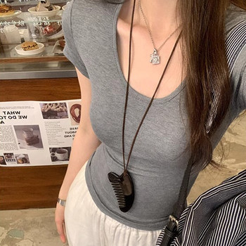 Spicy Girl Style Elastic U-Neck Short-Sleeve T-Shirt for Women, Summer Tight-Fitting, Figure-Flattering, Slim-Fit Short Base Shirt, Gray Crop Top