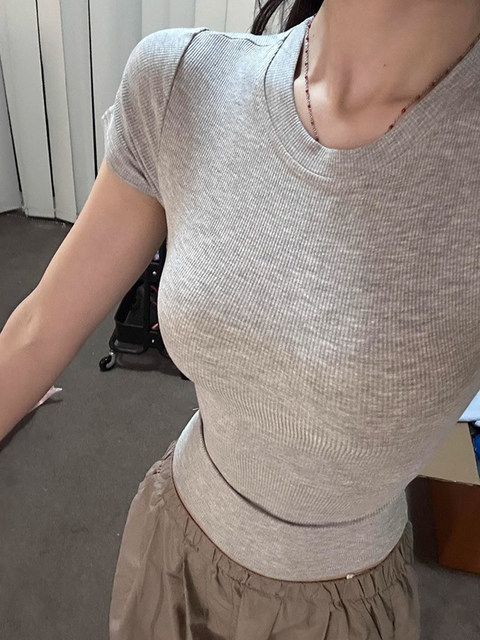 Korean Chic Minimalist Style Regular Shoulder Short-Sleeve Round-Neck T-Shirt for Women, Summer Niche Tight-Fitting Slim-Fit Top