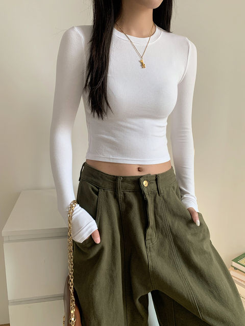 Ribbed Slim-Fit Long-Sleeve T-Shirt for Women, Autumn and Winter Tight-Fitting Base Layer, Basic Short Top