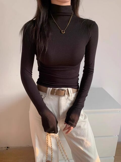 Gray Half-High Collar Base Shirt for Women, Suitable for Layering in Autumn and Winter, with Thin Fleece for Warmth, Stylish Knitted Long-Sleeve Mid-Collar Top