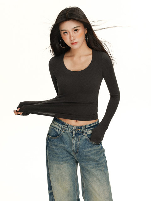 Women's U-Neck Long-Sleeve Base Shirt, New Autumn and Winter Style, Low-Neck, Clavicle-Exposing, Slim-Fit, Figure-Flattering Inner T-Shirt Top, Trendy