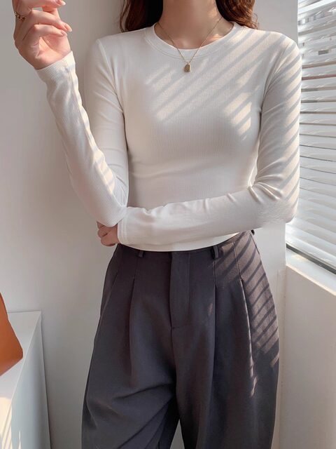 2025 Autumn/Winter Long Sleeve Regular Shoulder High Waist Tight Base Shirt Basic Short Top Slim Fit T-Shirt for Women