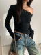 Irregular Off-Shoulder Long-Sleeve T-Shirt for Women, Autumn and Winter, Sexy Pure Desire Design, Asymmetrical Shoulder, Slim Fit, Asymmetrical Neckline, Spicy Girl Top