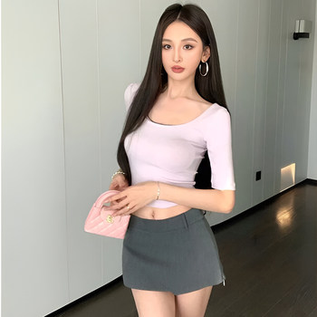 Super Pretty Lavender Mid-Sleeve T-Shirt for Women, Summer 2025 New Style, Beautiful and Sexy, Tight-Fitting, Slimming Short-Sleeve U-Neck Top