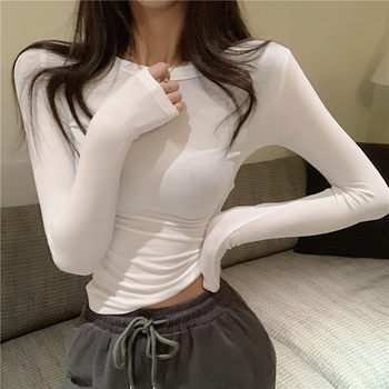 2025 Autumn and Winter Season Stylish Layered Slim-Fit Long-Sleeve T-Shirt for Women with Thin Fleece Lining, Warm and Flattering Base Layer