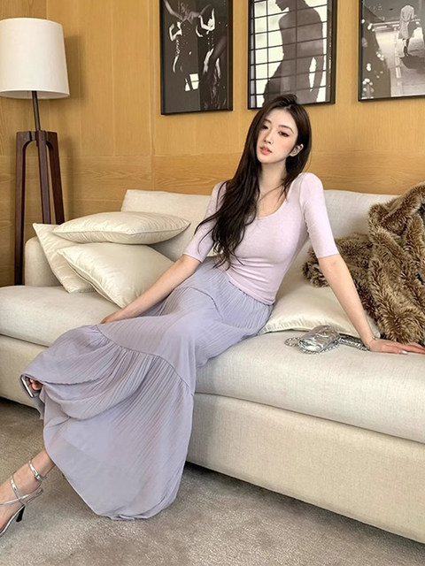 Front and Back U-Neck Sexy Short-Sleeve Base T-Shirt for Women, Spring and Summer Tight-Fitting Mid-Sleeve Pure Desire Slimming Stretchy Light Purple Top