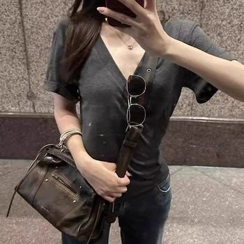 Lazy and Relaxed Gray V-Neck Short-Sleeved T-Shirt for Women Summer 2025 New Normcore Style Casual Simple Slimming Look Top