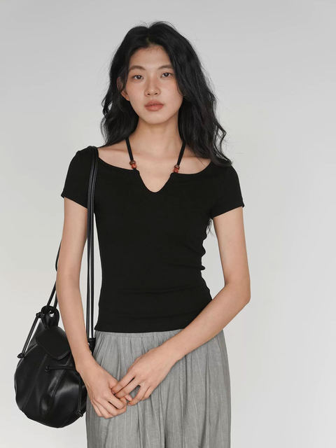 Red Halter Neck Short-Sleeved T-Shirt for Women 2025 Summer New Design Niche Spicy Girl Off-Shoulder Short Top