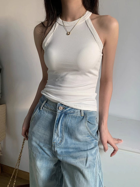 Halter Neck Camisole T-Shirt for Women, 2025 New Style, Sexy One-Piece with Built-In Bra Pads, Beautiful Back, Outerwear Top for Summer