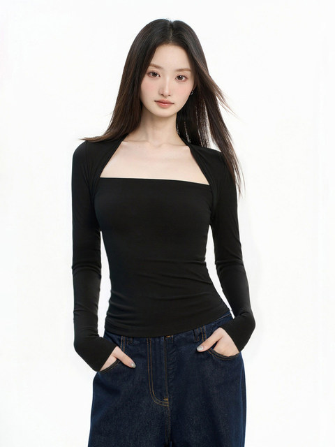 Sexy Style Spicy Girl Square Neck Long-Sleeve T-Shirt for Women, Spring and Autumn 2026 New Slim Fit Body-Hugging Base Shirt Inner Top