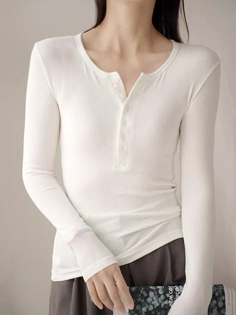 Threaded Button Henry Collar Long-Sleeve Inner T-Shirt for Women, Autumn and Winter American Style Unique Half-Open Collar Slimming Base Shirt Top