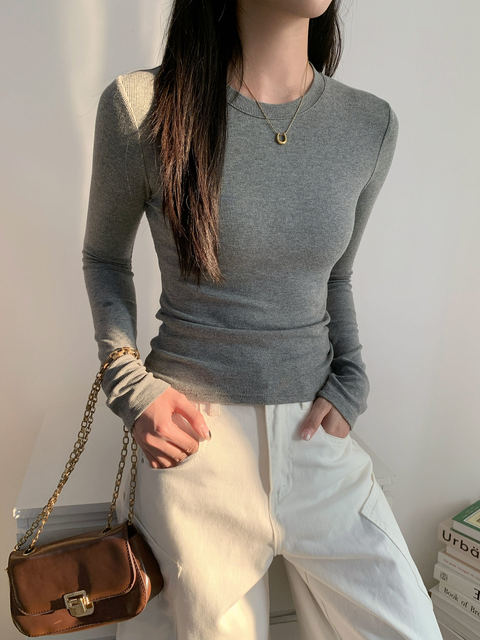 American-Style Gray Regular Shoulder Base Layer Top for Women, Autumn and Winter Long-Sleeve T-Shirt, Slim Fit Brushed Inner Wear Top