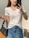European White Lace V Neck Right Shoulder Short-Sleeved T-Shirt for Women Summer New Korean Style Unique Cut Out Pattern Top