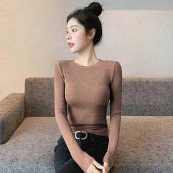 Melard Coffee-Colored Round-Neck Long-Sleeve Base Shirt for Women, Autumn and Winter Slim-Fit, Slimming, Warm, Tight-Fitting Inner Wear T-Shirt Top