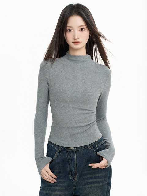 Tight-Fitting Half-High Collar Long-Sleeve Base Layer Top for Women, Autumn and Winter Stylish Slim-Fit Mid-Neck Top That Enhances the Figure
