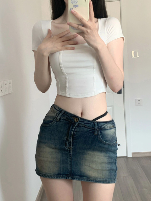 Square Neck Fishbone Waist-Cinching Short-Sleeve T-Shirt for Women, 2025 Summer New Slim-Fit Cropped Top, Spicy Girl Base Shirt