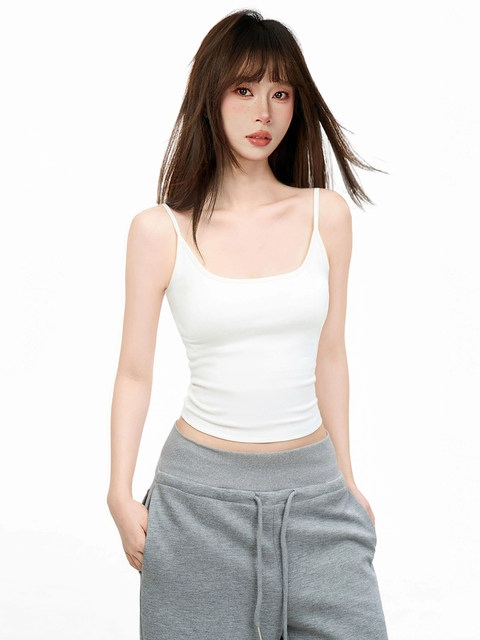 White U-Neck Padded Camisole for Women, Summer Pure and Sexy Style, Slim Fit, Can Be Worn as an Inner Layer or Outerwear, Beautiful Back Top