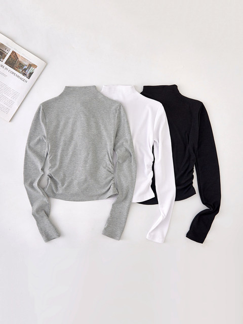 Hot Girl Style Pleated Waist-Cinching Long-Sleeve Base Shirt for Women, Autumn and Winter American-Style Slim-Fit Half-High Collar Short Top