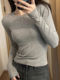 Basic Gray Round-Neck Ribbed Base Shirt T-Shirt for Women, Suitable for Autumn and Winter, Can Be Worn as an Inner Layer or Outerwear, Slim-Fit Long-Sleeve Top