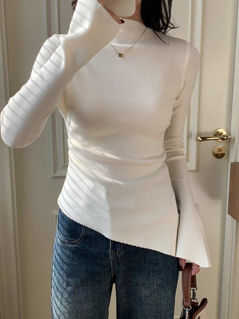 Half-Turtleneck Sweater Knitted Base Shirt for Women, Autumn and Winter, with Asymmetrical Hem, Irregular Base, Slit, Pleated, Slimming Top