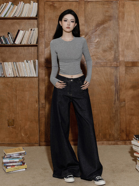 American-Style Spicy Girl Long-Sleeve T-Shirt for Women, Early Autumn Round Neck Slim-Fit Simple High-Waisted Short Inner Layer Base Shirt Top