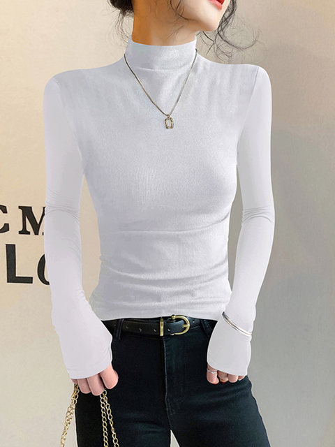 American-Style Half-High Collar Base Layer T-Shirt for Women, Suitable for Autumn and Winter, with a Stylish Design, Tight-Fitting, Slimming, Long-Sleeved, Fashionable Top