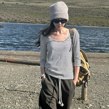 Striped Three-Quarter Sleeve U-Neck T-Shirt for Women, Summer Lazy Style, Simple and High-End, Slim Fit, Long-Sleeve Base Shirt Top