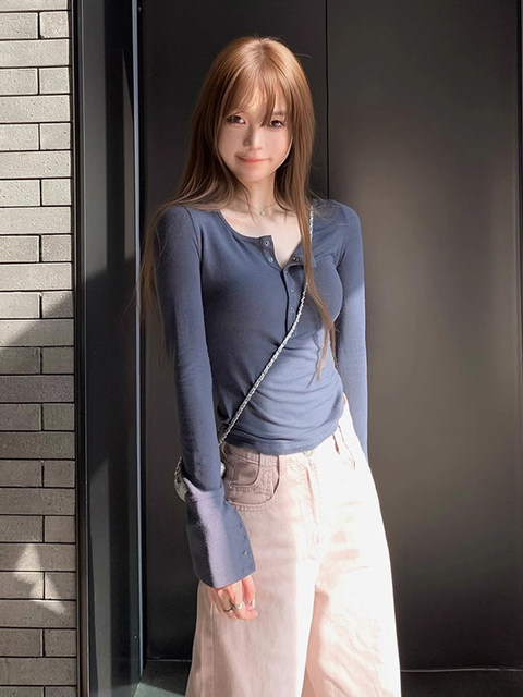 American-Style Spicy Girl Button-Up Inner Layer Long-Sleeve T-Shirt for Women, Autumn and Winter, Pure Desire Slim-Fit Design Henry Top